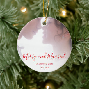 Merry and Married Elegant Red Text Newlywed Photo Ceramic Tree Decoration