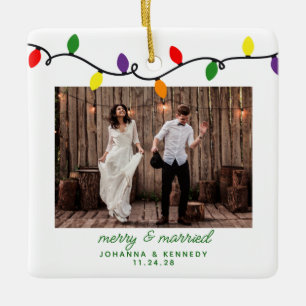 Merry and Married First Christmas Colourful Lights Ceramic Ornament