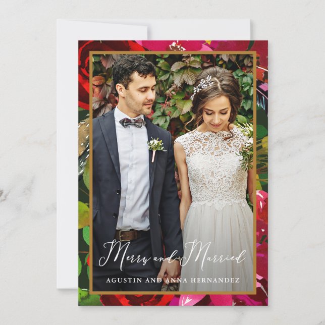 Merry and Married Floral Green Holiday Greeting Card (Front)