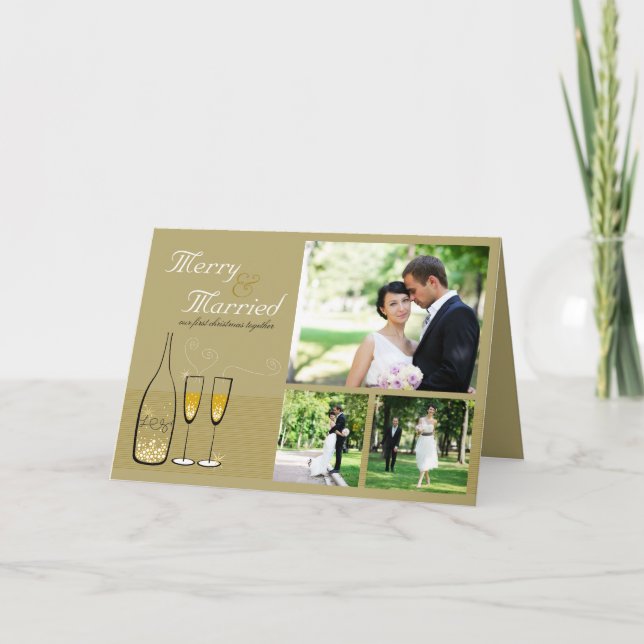 Merry And Married Gold Champagne 3 Photo Wedding Holiday Card (Front)