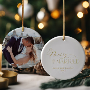 Merry and Married Gold Christmas Ceramic Tree Decoration