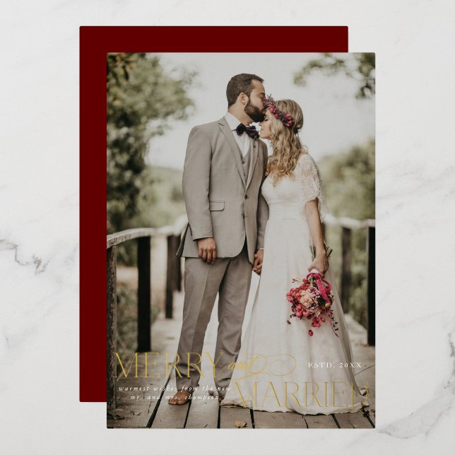 Merry and Married Gold Foil Newlywed Christmas Foil Holiday Card (Front/Back)