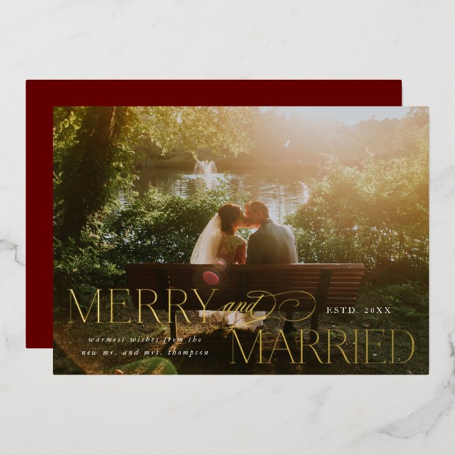 Merry and Married Gold Foil Newlywed Christmas Foil Holiday Card (Front/Back)