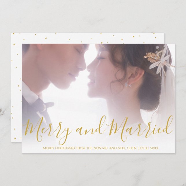 Merry and Married Gold Newlywed Elegant Holiday Card (Front/Back)