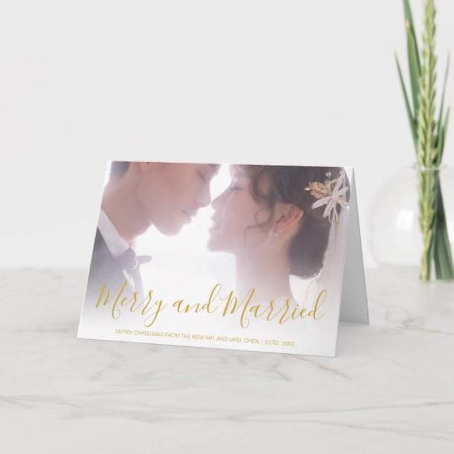 Merry and Married Gold Newlywed Elegant Holiday Card (Front)