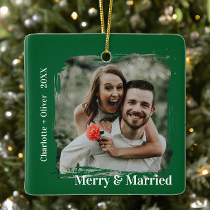 Merry and Married Green First Christmas Ceramic Ornament