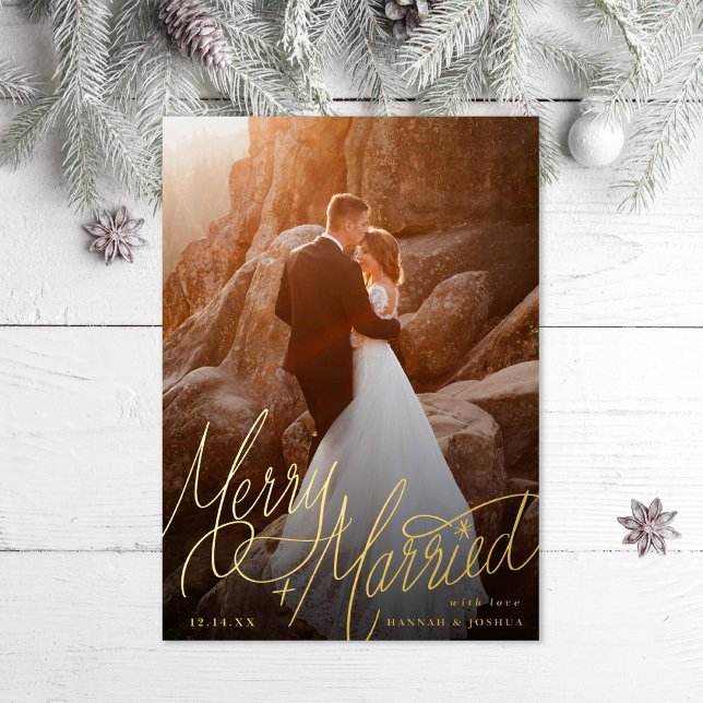 Merry and Married Hand-Lettering Photo Foil Holiday Card (Creator Uploaded)