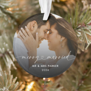 Merry and Married Heart Script Christmas Photo Ornament