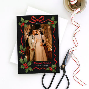Merry and Married Holly Ribbon Black Photo Holiday Card