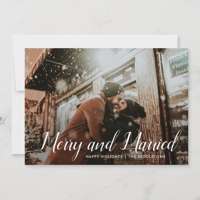 Merry And Married | Minimal First Christmas Photo Holiday Card (Front)