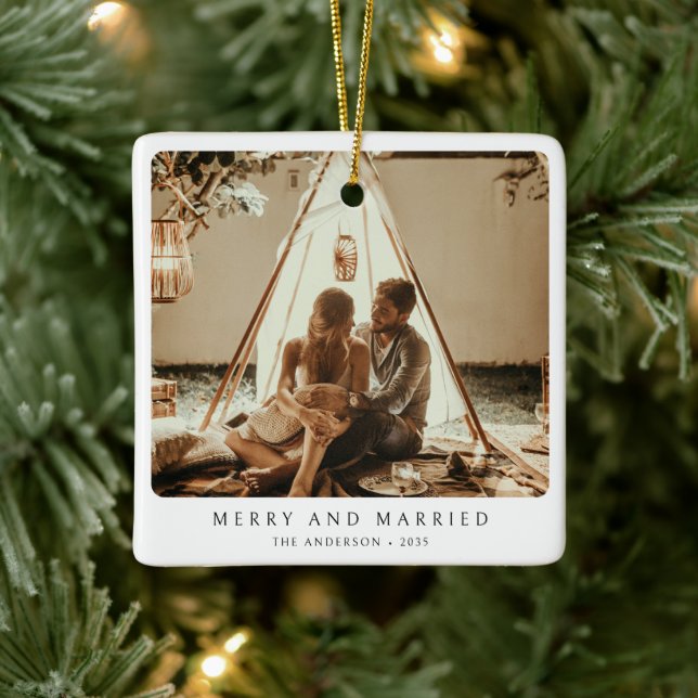 Merry and Married Minimalist Couple Photo Ceramic Ornament (Tree)