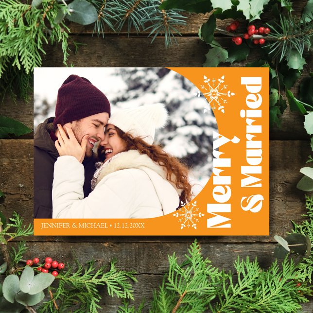 merry and married modern arch photo orange holiday card (Creator Uploaded)