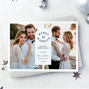 Merry and Married Modern Newlywed Photo  Holiday Card