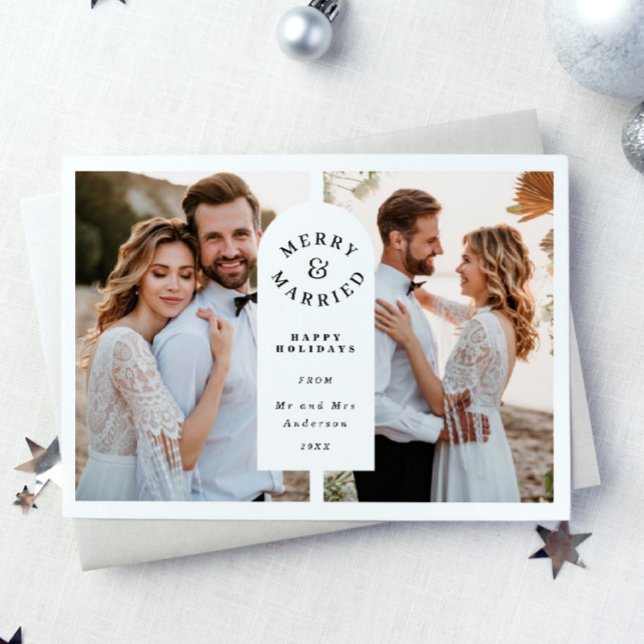 Merry and Married Modern Newlywed Photo  Holiday Card (Creator Uploaded)