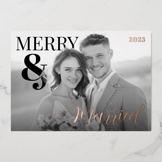 Merry and Married Modern Photo Foil Holiday Card (Front)