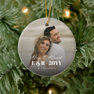 Merry and Married Monogram Double Sided Photo Ceramic Tree Decoration
