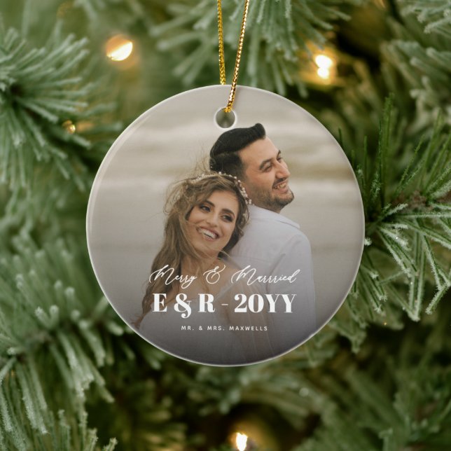 Merry and Married Monogram Double Sided Photo Ceramic Tree Decoration (Tree)