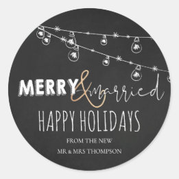 Merry And Married New Mr And Mrs Happy Holidays Classic Round Sticker