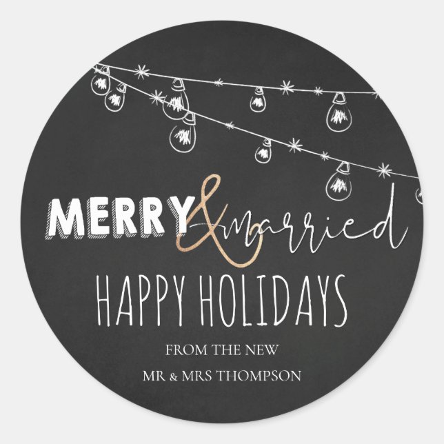 Merry And Married New Mr And Mrs Happy Holidays Classic Round Sticker (Front)