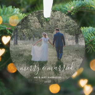 Merry and Married   Newleyweds Christmas Photo Ornament