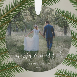Merry and Married Newleyweds Christmas Photo Ornament