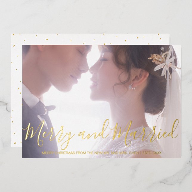 Merry and Married Newlywed Elegant Foil Holiday Card (Front/Back)