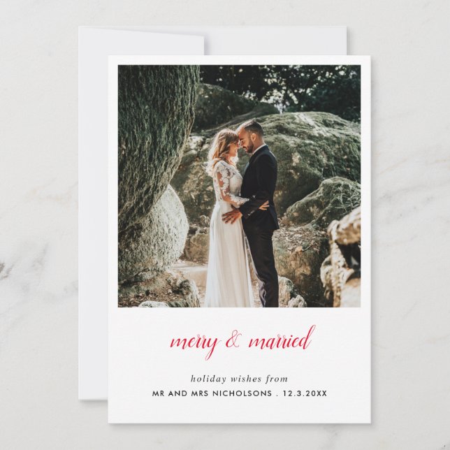 Merry And Married Newlywed | Elegant Photo Thank You Card (Front)