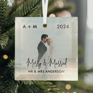 Merry and Married Newlywed First Christmas Photo Glass Tree Decoration