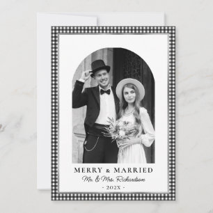 Merry and Married Newlywed Photo Black White Plaid Holiday Card
