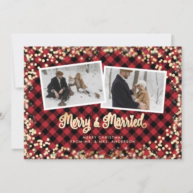 Merry and Married Newlywed Red Photo Christmas Holiday Card (Front)