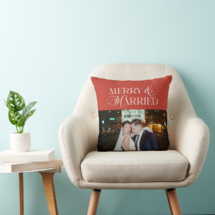 Merry and Married Newlyweds Photo First Christmas Cushion