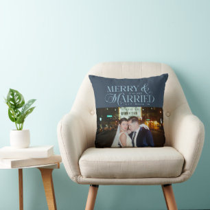 Merry and Married Newlyweds Photo First Christmas  Cushion