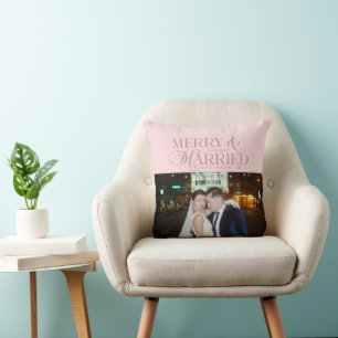 Merry and Married Newlyweds Photo First Christmas Cushion