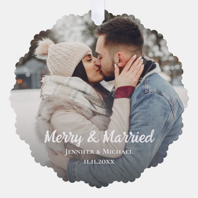 merry and married newlyweds photo simple minimal tree decoration card (Front)