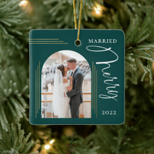 Merry and Married Photo Arch Frame  Ceramic Ornament