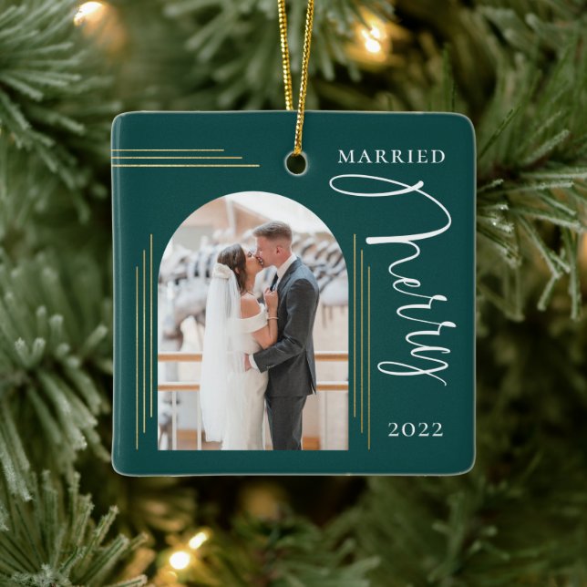 Merry and Married Photo Arch Frame  Ceramic Ornament (Tree)