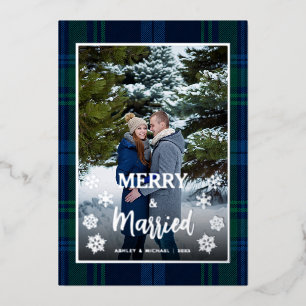 Merry and Married Photo Blue Green Tartan Plaid Foil Holiday Card