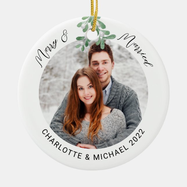 Merry and Married Photo Ceramic Tree Decoration (Front)