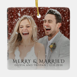 Merry And Married Photo Christmas Ceramic Ornament