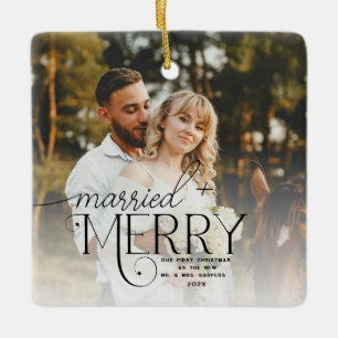 Merry and Married Photo First Christmas Newlyweds Ceramic Ornament