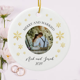 Merry And Married Photo Golden Snowflake Ceramic Tree Decoration