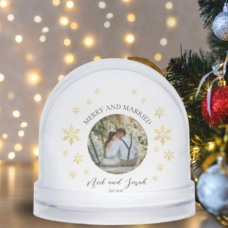 Merry And Married Photo Golden Snowflake Snowglobe