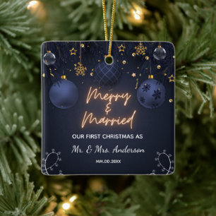 Merry And Married Photo Keepsake For Newlyweds Ceramic Ornament