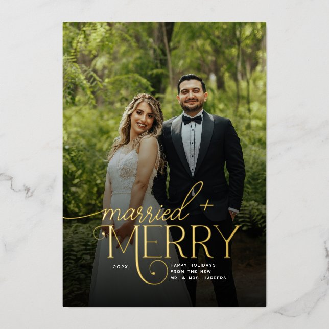 Merry and Married Photo Newlyweds Christmas Foil Holiday Card (Front)
