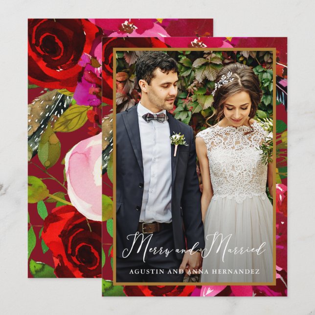 Merry and Married Red Floral Back Holiday Greeting Card (Front/Back)