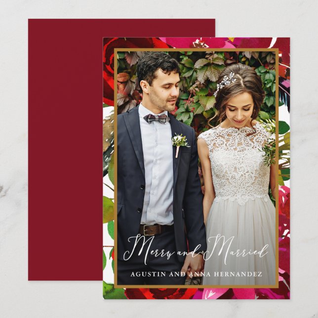 Merry and Married Red Floral Holiday Greeting Card (Front/Back)