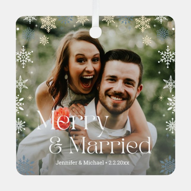 merry and married, retro script newlyweds photo  metal tree decoration (Front)