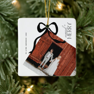 Merry and Married Script Photo Christmas Bow Ceramic Ornament