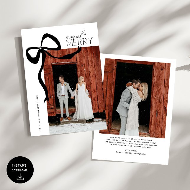 Merry and Married Script Photo Christmas Bow Holiday Card (Creator Uploaded)