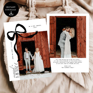 Merry and Married Script Photo Christmas Bow Holiday Card